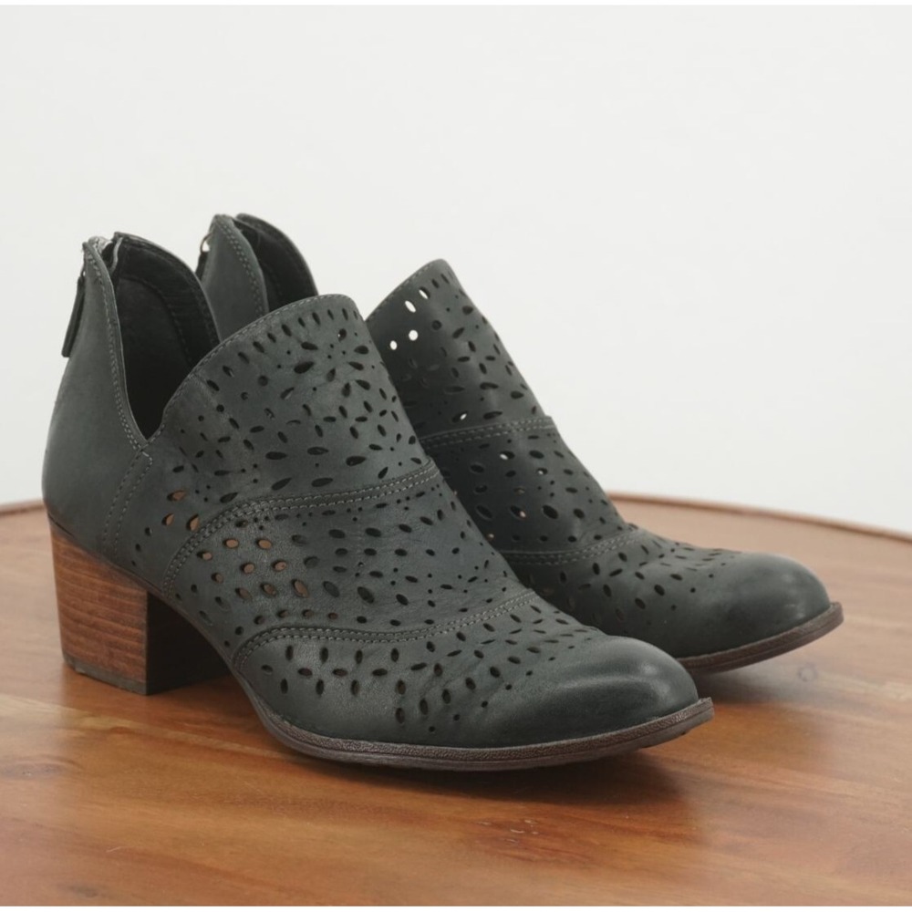 Sofft Black Perforated Leather Ankle Booties with Wood Block Heel